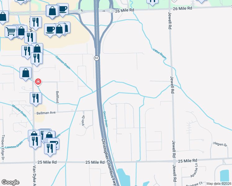 map of restaurants, bars, coffee shops, grocery stores, and more near 10469 Excalibur Drive in Macomb County