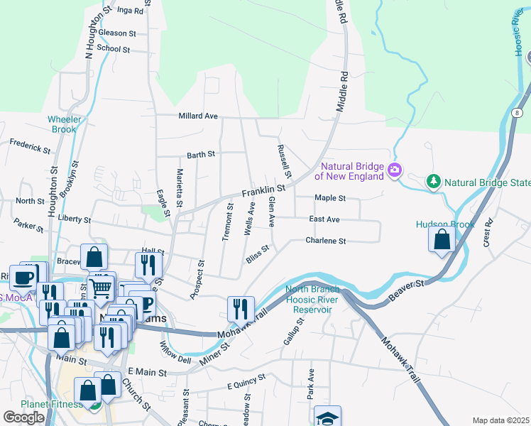 map of restaurants, bars, coffee shops, grocery stores, and more near 94-130 Wells Ave in North Adams