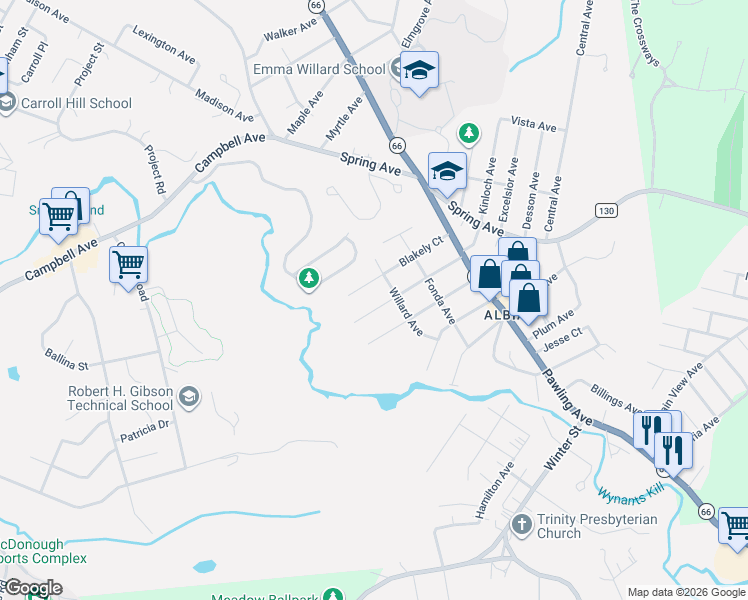 map of restaurants, bars, coffee shops, grocery stores, and more near 48 Park View Court in Troy