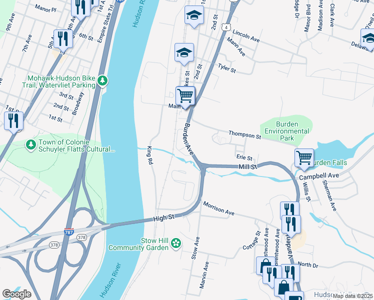map of restaurants, bars, coffee shops, grocery stores, and more near 18-20 Cross Street in Troy