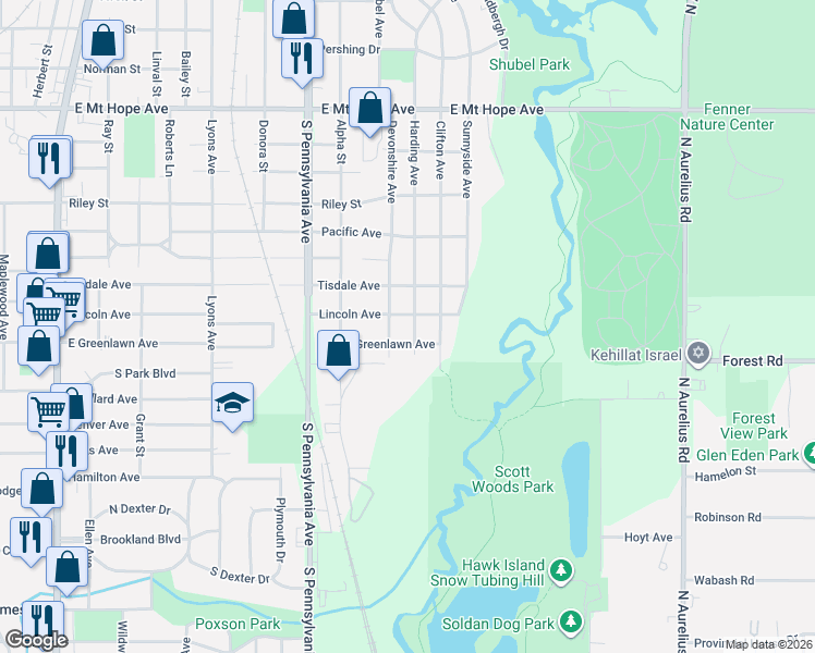 map of restaurants, bars, coffee shops, grocery stores, and more near 2600 Harding Avenue in Lansing