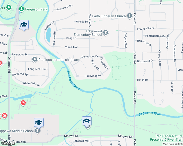 map of restaurants, bars, coffee shops, grocery stores, and more near 1903 Birchwood Drive in Meridian charter Township