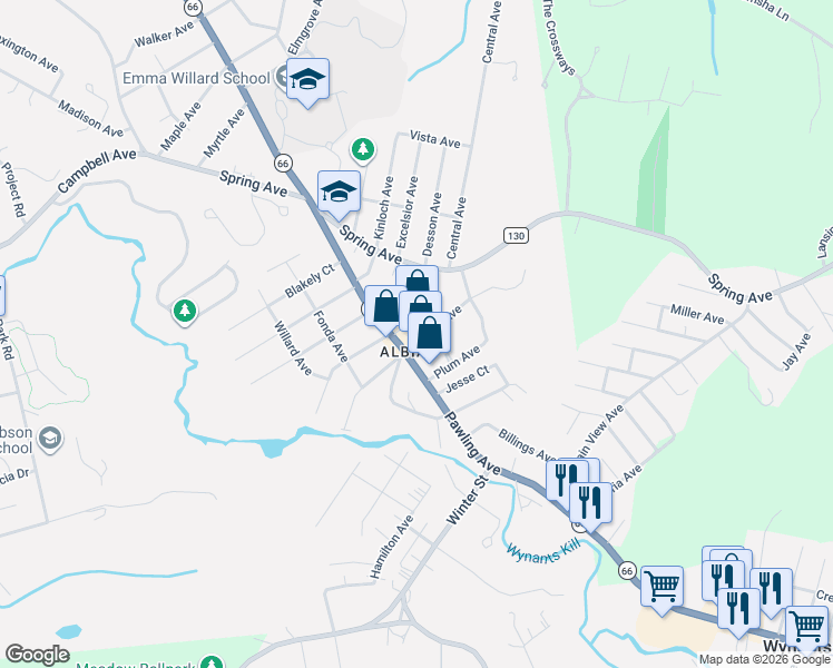 map of restaurants, bars, coffee shops, grocery stores, and more near 599 Pawling Avenue in Troy
