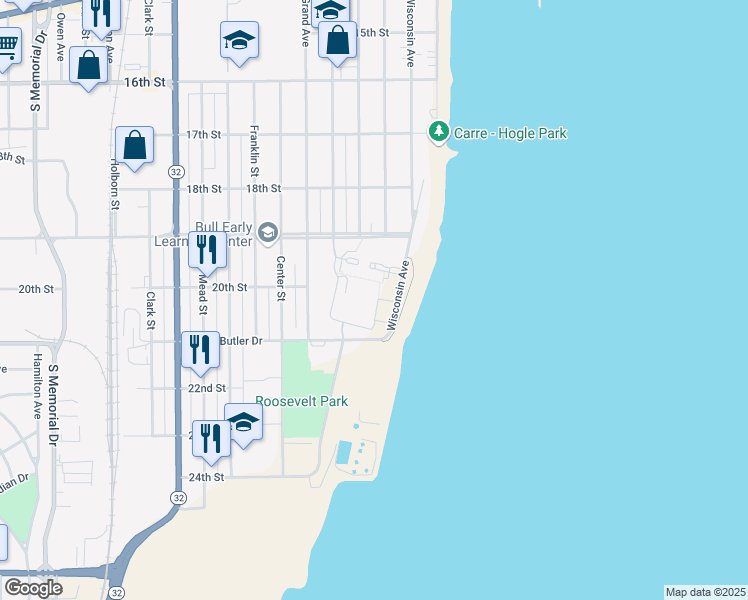 map of restaurants, bars, coffee shops, grocery stores, and more near 600 21st Street in Racine