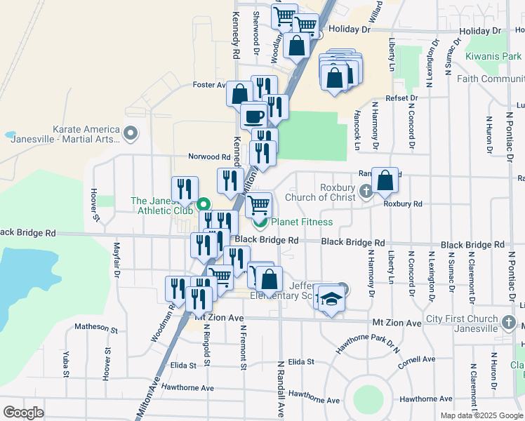 map of restaurants, bars, coffee shops, grocery stores, and more near 1800 Milton Avenue in Janesville