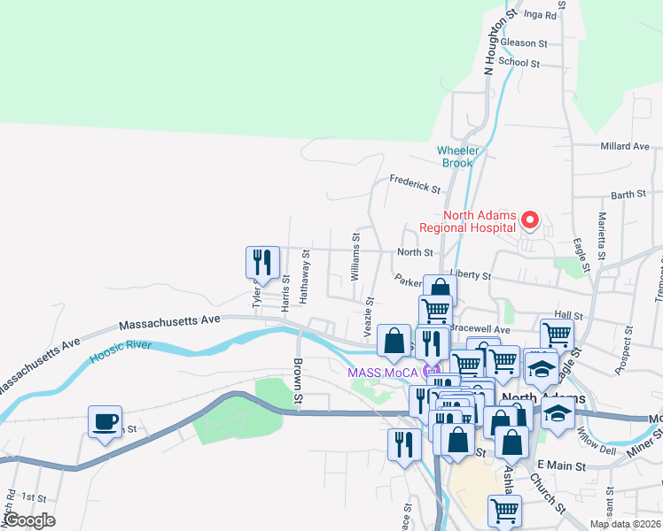 map of restaurants, bars, coffee shops, grocery stores, and more near 34-40 School Street in North Adams
