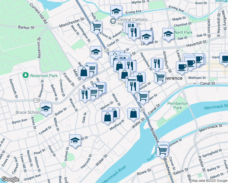 map of restaurants, bars, coffee shops, grocery stores, and more near 18 Kempton Court in Lawrence
