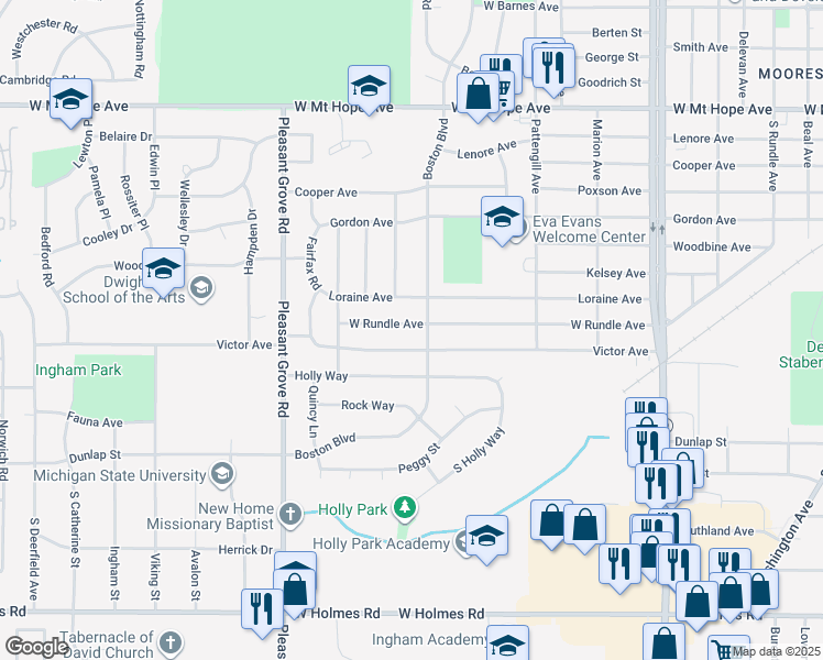 map of restaurants, bars, coffee shops, grocery stores, and more near 1817 Victor Avenue in Lansing