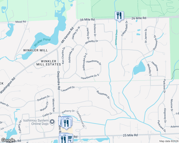 map of restaurants, bars, coffee shops, grocery stores, and more near 2517 Hawthorne Drive South in Macomb County