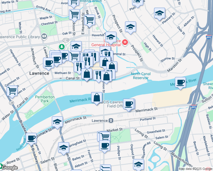 map of restaurants, bars, coffee shops, grocery stores, and more near 1 Union Street in Lawrence