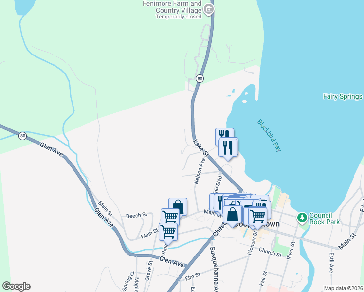 map of restaurants, bars, coffee shops, grocery stores, and more near 3 Westridge Road in Cooperstown
