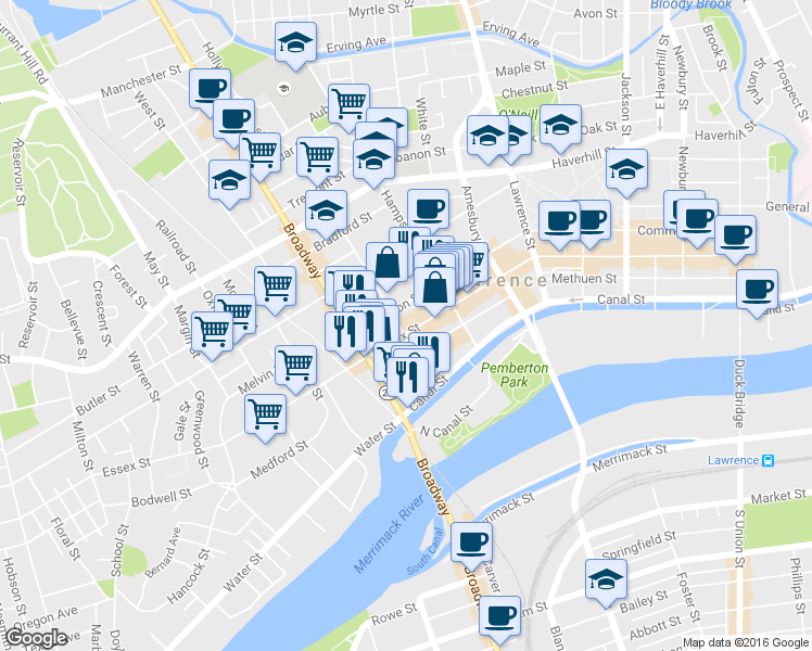 map of restaurants, bars, coffee shops, grocery stores, and more near in Lawrence