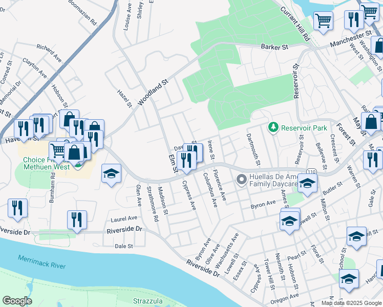 map of restaurants, bars, coffee shops, grocery stores, and more near 717 Haverhill Street in Lawrence