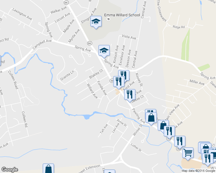map of restaurants, bars, coffee shops, grocery stores, and more near 16 Woodlawn Court in Troy