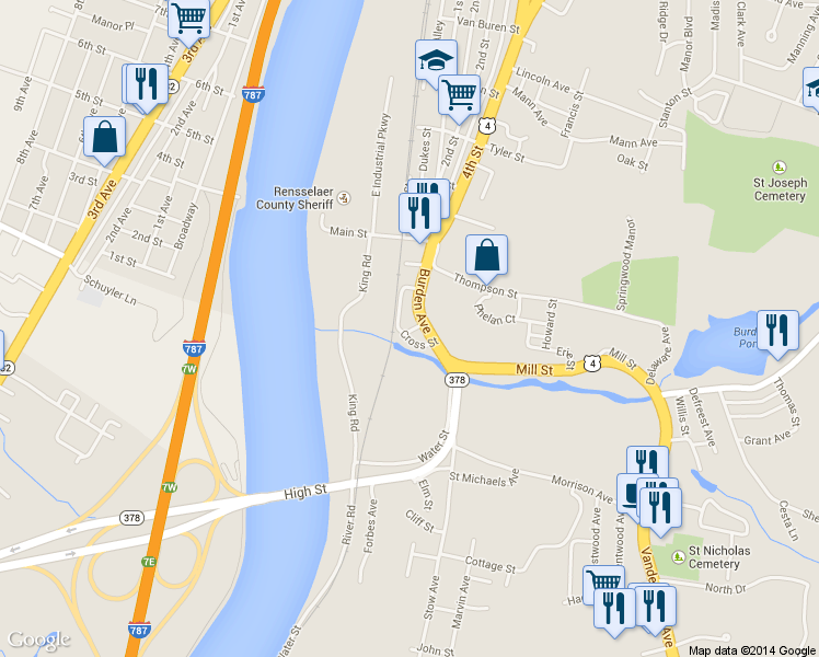 map of restaurants, bars, coffee shops, grocery stores, and more near 18-20 Cross Street in Troy
