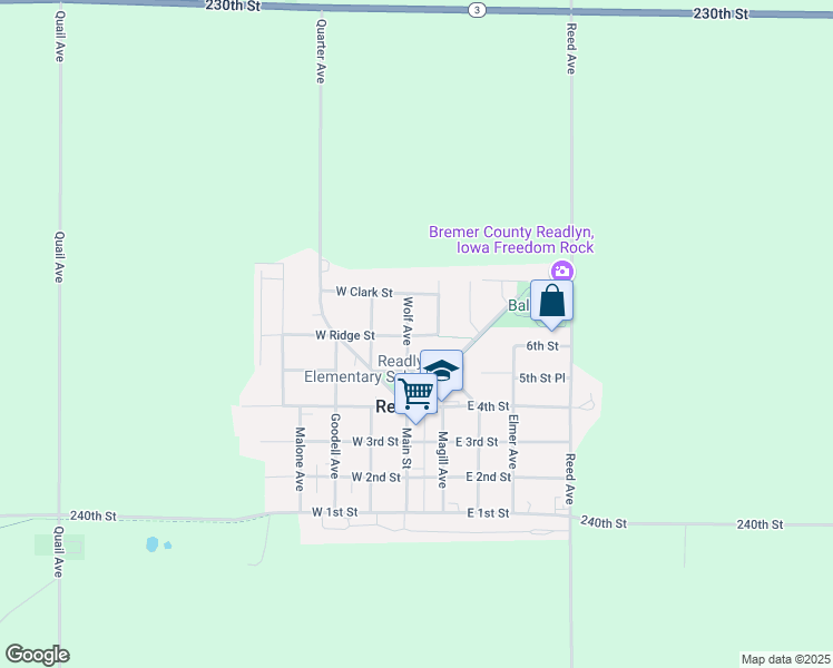 map of restaurants, bars, coffee shops, grocery stores, and more near 112 E 5th St in Readlyn