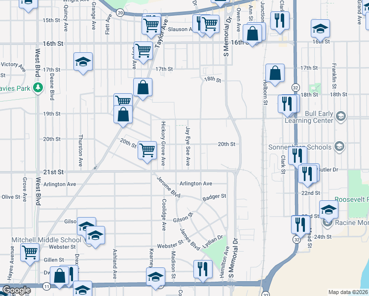 map of restaurants, bars, coffee shops, grocery stores, and more near 2029 Case Avenue in Racine