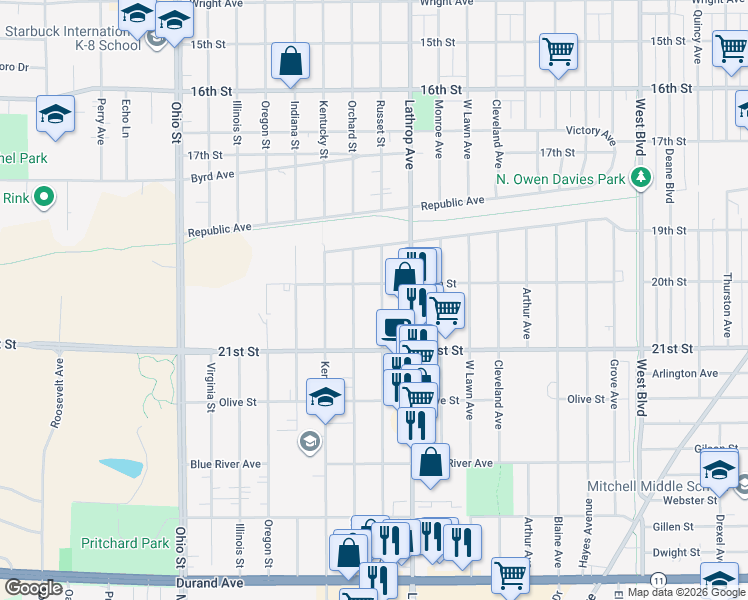 map of restaurants, bars, coffee shops, grocery stores, and more near 2039 Orchard Street in Racine