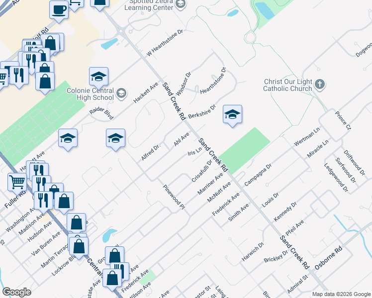 map of restaurants, bars, coffee shops, grocery stores, and more near 6 Iris Lane in Albany