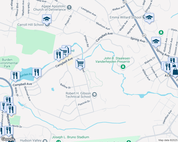 map of restaurants, bars, coffee shops, grocery stores, and more near 113 Country Garden Apartment in Troy