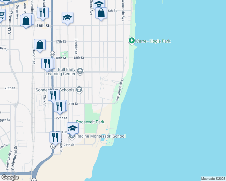 map of restaurants, bars, coffee shops, grocery stores, and more near 2050 Wisconsin Avenue in Racine