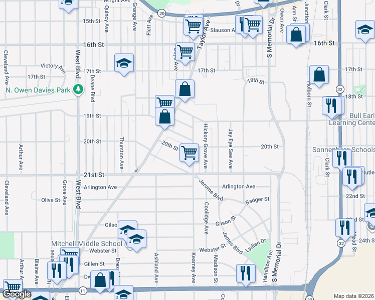 map of restaurants, bars, coffee shops, grocery stores, and more near 2315 20th Street in Racine