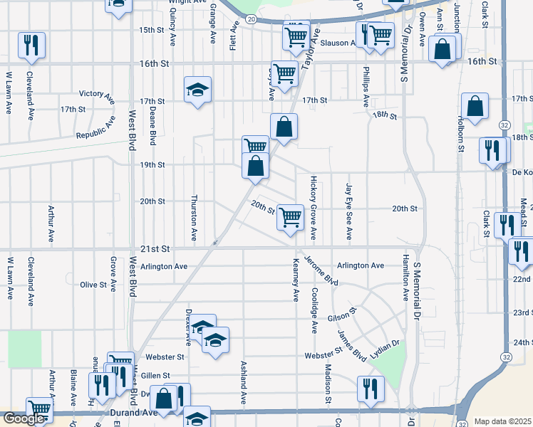 map of restaurants, bars, coffee shops, grocery stores, and more near 2423 20th Street in Racine