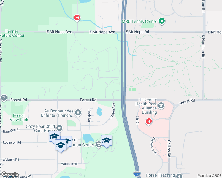 map of restaurants, bars, coffee shops, grocery stores, and more near 3113 Forest Road in Lansing