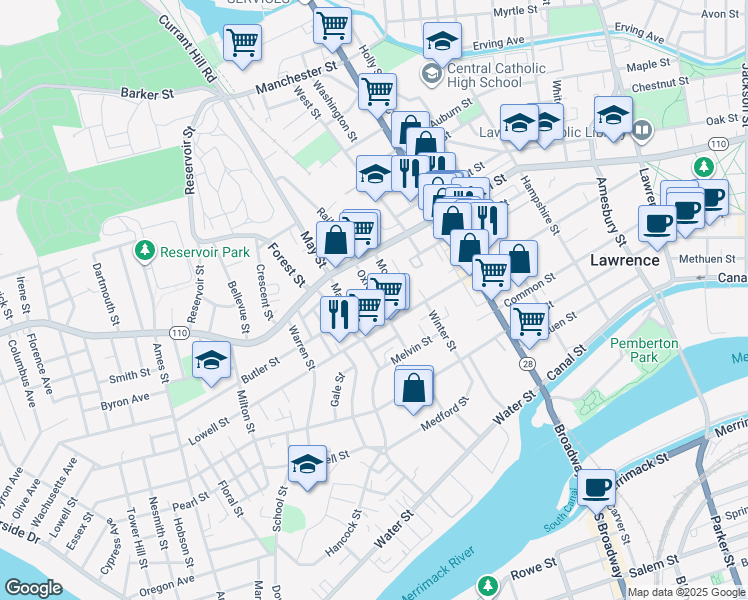 map of restaurants, bars, coffee shops, grocery stores, and more near 4 Champlain Avenue in Lawrence