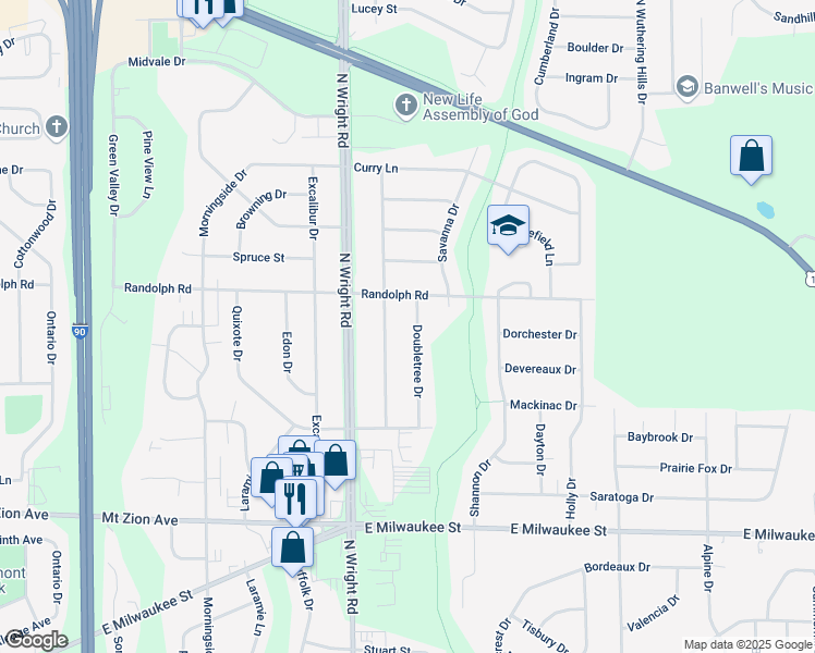 map of restaurants, bars, coffee shops, grocery stores, and more near 3718 Randolph Road in Janesville