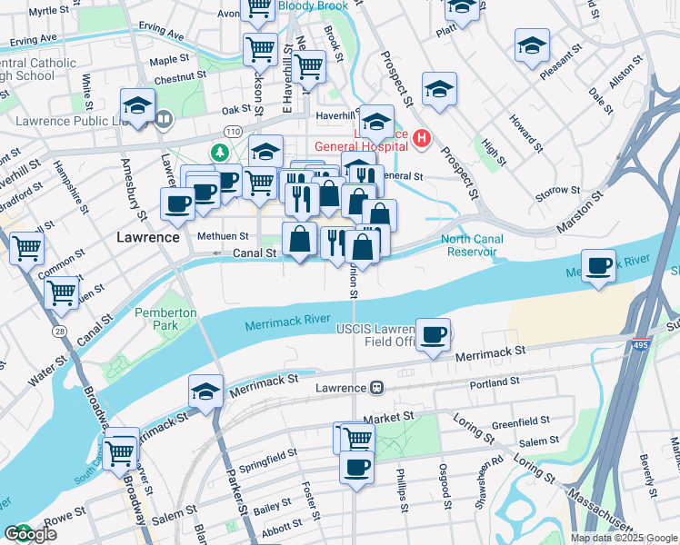 map of restaurants, bars, coffee shops, grocery stores, and more near 4 Union Street in Lawrence