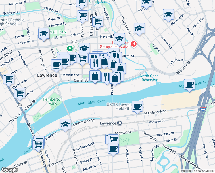 map of restaurants, bars, coffee shops, grocery stores, and more near 215 Canal Street in Lawrence
