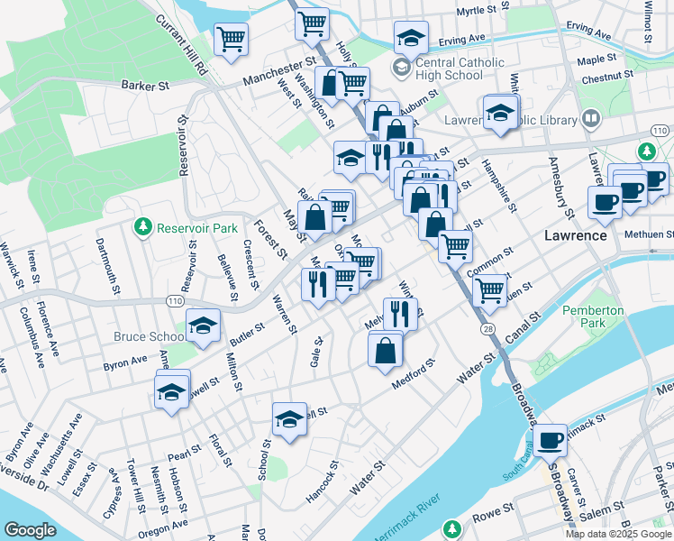 map of restaurants, bars, coffee shops, grocery stores, and more near 148 Oxford Street in Lawrence