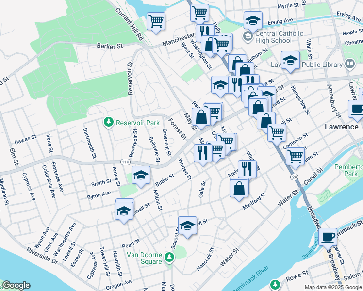 map of restaurants, bars, coffee shops, grocery stores, and more near 12 Forest Street in Lawrence