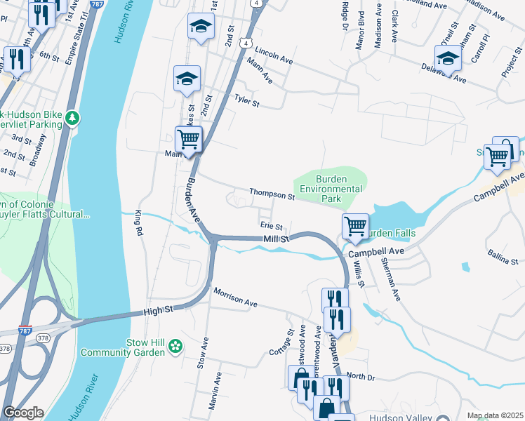 map of restaurants, bars, coffee shops, grocery stores, and more near 54 Thompson Street in Troy