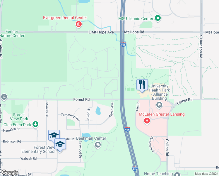map of restaurants, bars, coffee shops, grocery stores, and more near 3127 Forest Road in Lansing