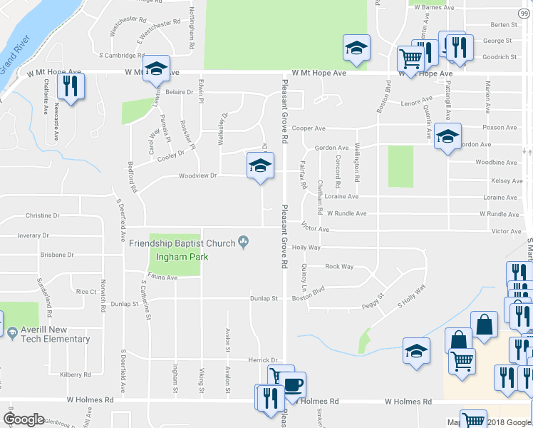 map of restaurants, bars, coffee shops, grocery stores, and more near 2525 Hampden Drive in Lansing