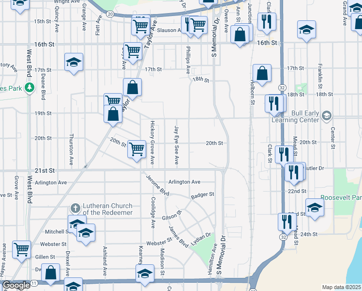 map of restaurants, bars, coffee shops, grocery stores, and more near 1928 Phillips Avenue in Racine