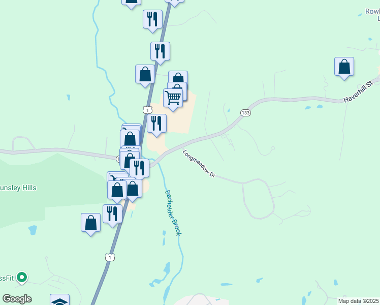 map of restaurants, bars, coffee shops, grocery stores, and more near 14 Longmeadow Drive in Rowley