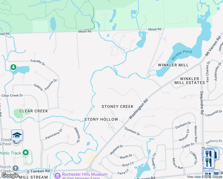 map of restaurants, bars, coffee shops, grocery stores, and more near 2050 Mill Race Road in Rochester Hills