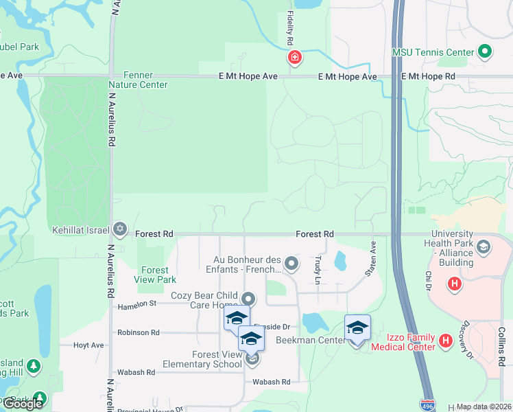 map of restaurants, bars, coffee shops, grocery stores, and more near 2512 Arbor Forest Drive in Lansing