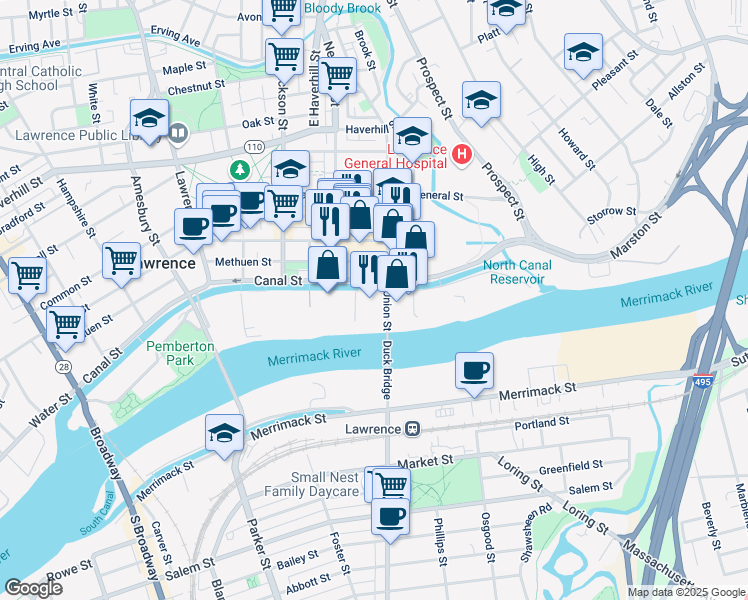 map of restaurants, bars, coffee shops, grocery stores, and more near 4 Union Street in Lawrence
