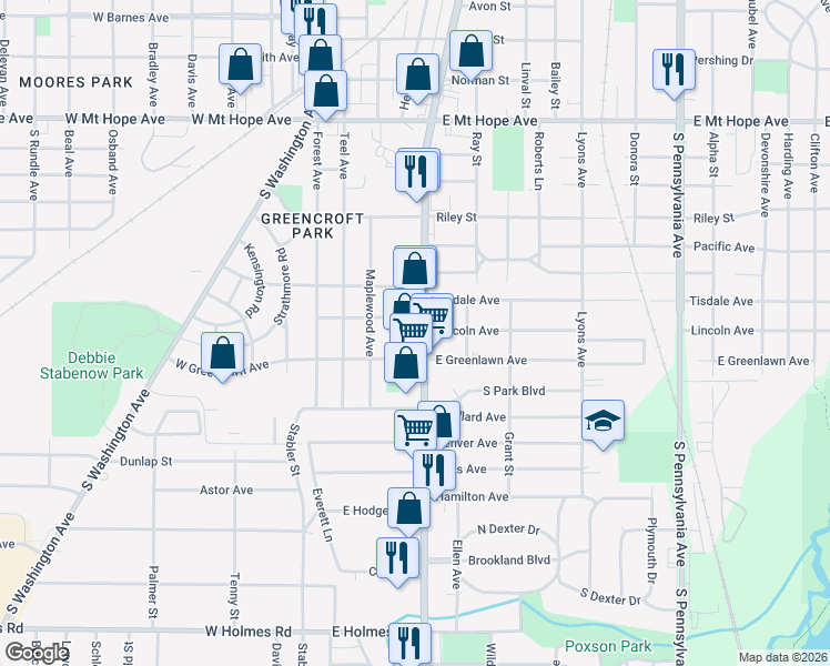 map of restaurants, bars, coffee shops, grocery stores, and more near 317 Lincoln Avenue in Lansing