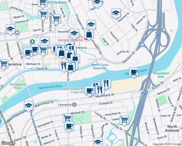 map of restaurants, bars, coffee shops, grocery stores, and more near 2-98 Island St in Lawrence