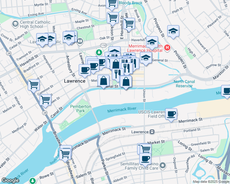 map of restaurants, bars, coffee shops, grocery stores, and more near 1 Mill Street in Lawrence