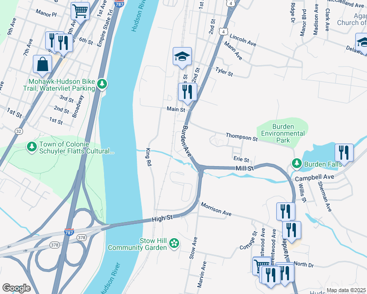 map of restaurants, bars, coffee shops, grocery stores, and more near 709 Burden Avenue in Troy