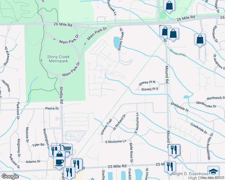 map of restaurants, bars, coffee shops, grocery stores, and more near 5301-5499 Rail View Court in Shelby Township
