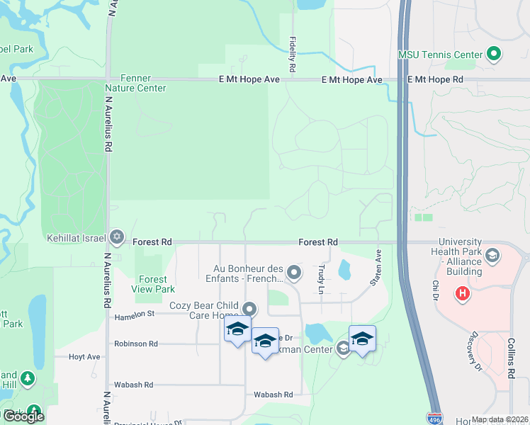 map of restaurants, bars, coffee shops, grocery stores, and more near 2512 Arbor Forest Drive in Lansing