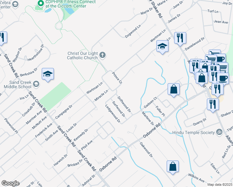 map of restaurants, bars, coffee shops, grocery stores, and more near 8 Ledgewood Drive in Albany