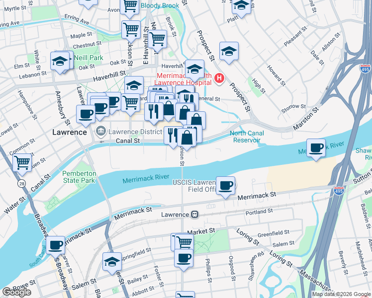map of restaurants, bars, coffee shops, grocery stores, and more near 60 Island Street in Lawrence